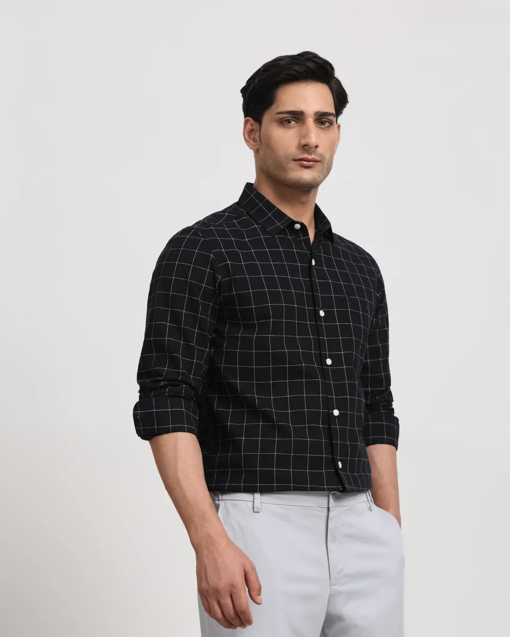 Black Cotton Linen Check Slim Fit Casual Shirt