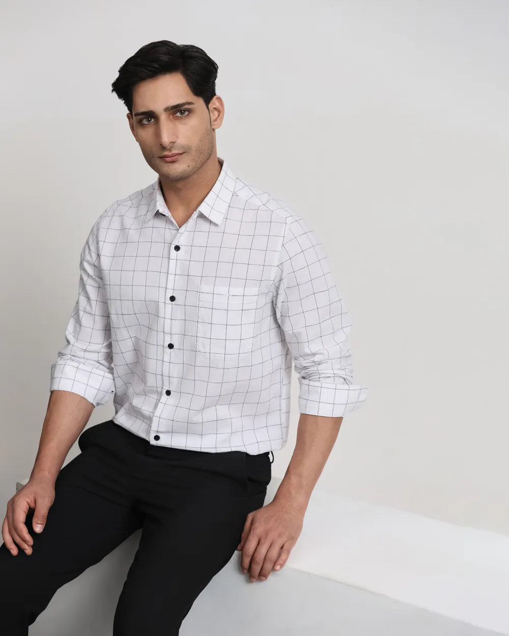 White Cotton Linen Check Slim Fit Casual Shirt