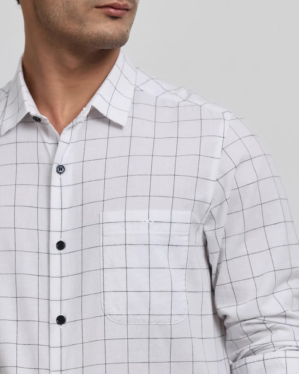 White Cotton Linen Check Slim Fit Casual Shirt