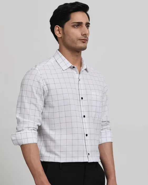 White Cotton Linen Check Slim Fit Casual Shirt