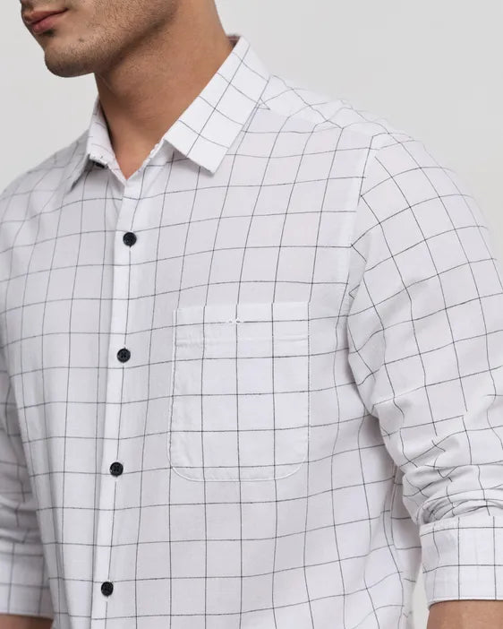 White Cotton Linen Check Slim Fit Casual Shirt