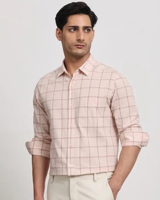 Pastel Pink Cotton Linen Check Slim Fit Casual Shirt