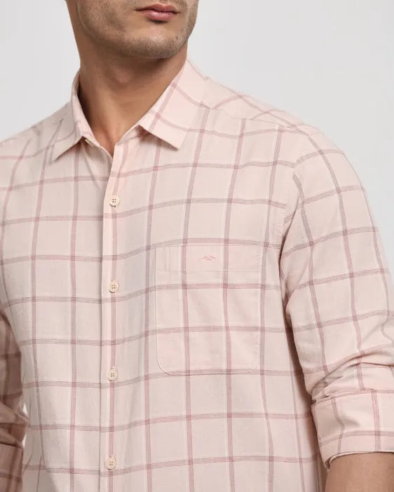 Pastel Pink Cotton Linen Check Slim Fit Casual Shirt