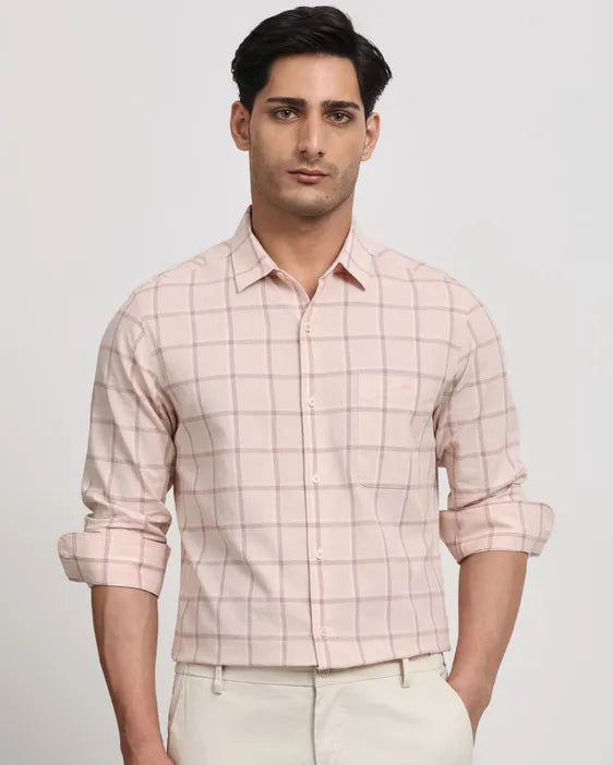 Pastel Pink Cotton Linen Check Slim Fit Casual Shirt