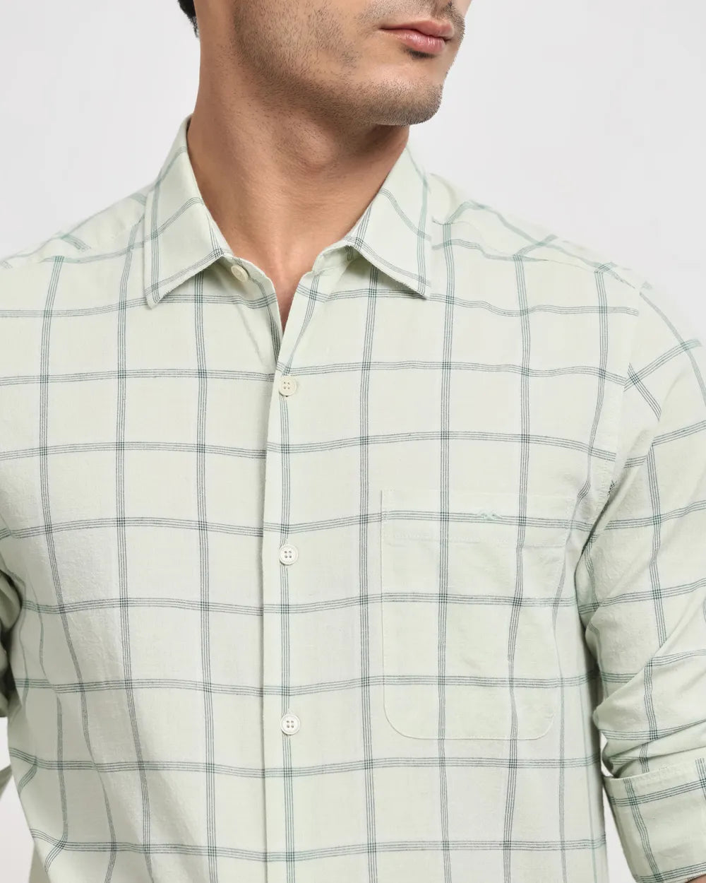 Sage Cotton Linen Check Slim Fit Casual Shirt