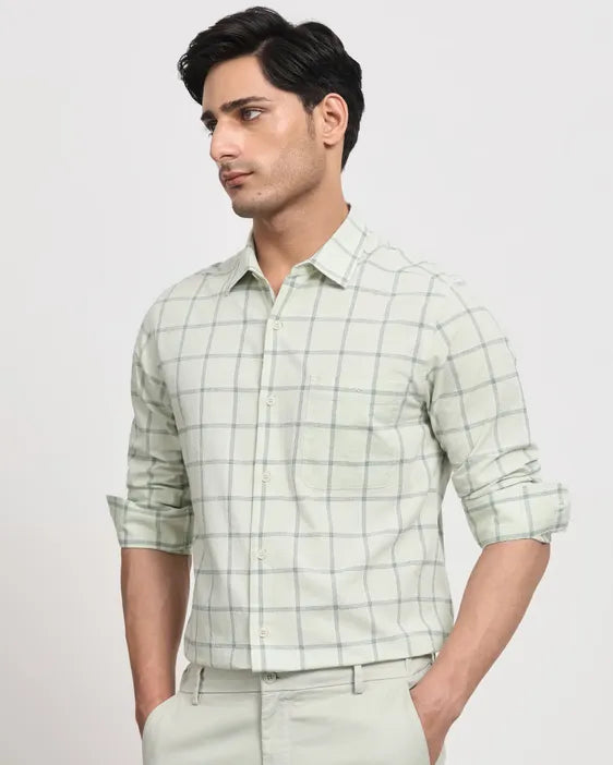 Sage Cotton Linen Check Slim Fit Casual Shirt