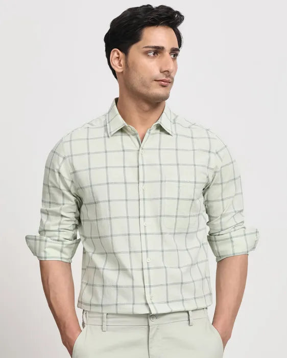 Sage Cotton Linen Check Slim Fit Casual Shirt