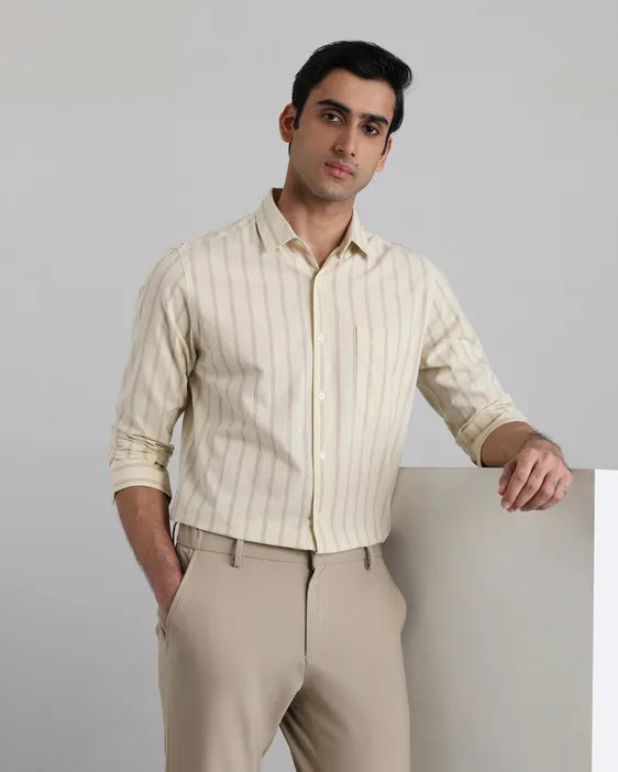 Beige Cotton Linen Stripe Slim Fit Casual Shirt