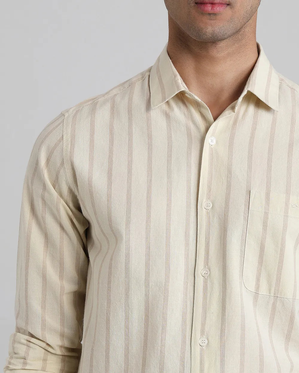 Beige Cotton Linen Stripe Slim Fit Casual Shirt