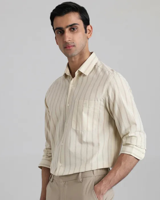 Beige Cotton Linen Stripe Slim Fit Casual Shirt