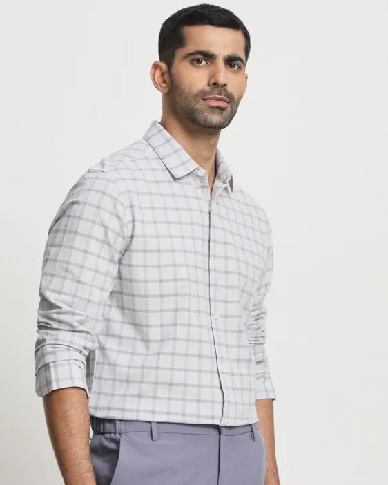 Light Grey Cotton Linen Check Slim Fit Casual Shirt