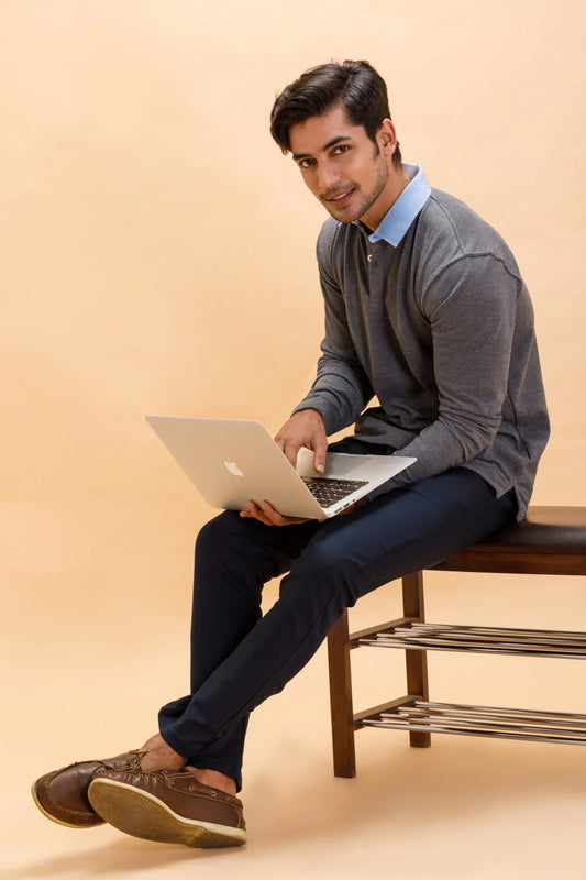 Grey Charcoal Cotton Polo Shirt Collar Full Sleeve