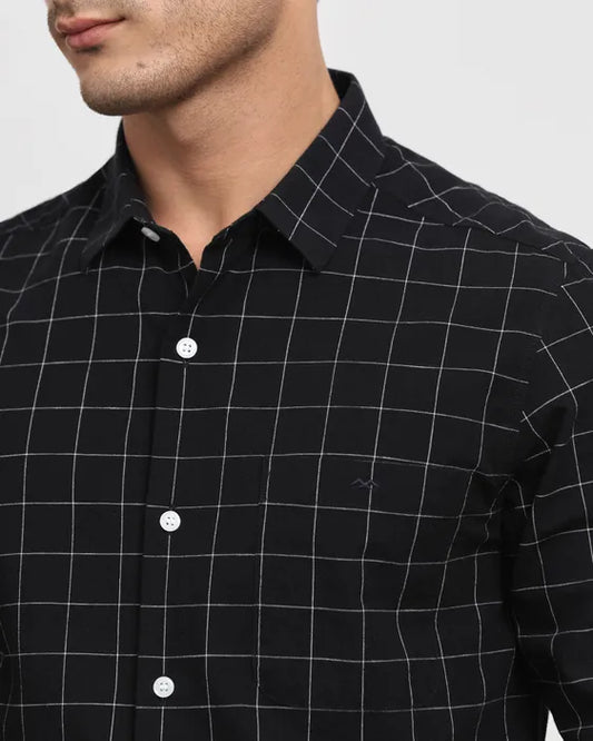 Black Cotton Linen Check Slim Fit Casual Shirt