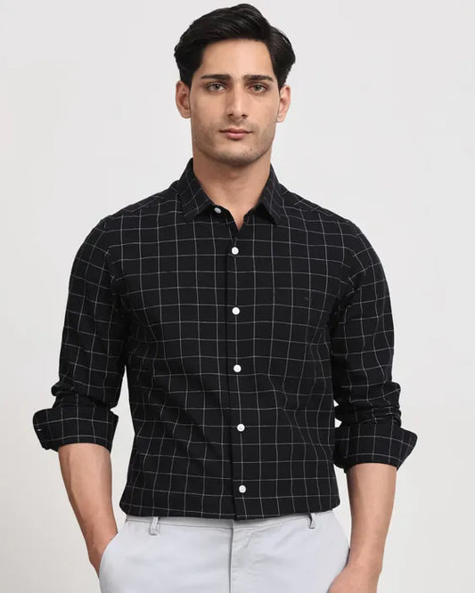 Black Cotton Linen Check Slim Fit Casual Shirt