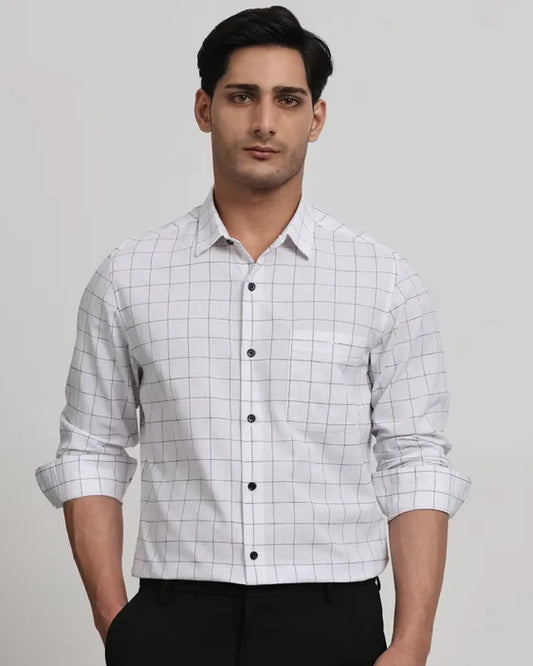 White Cotton Linen Check Slim Fit Casual Shirt