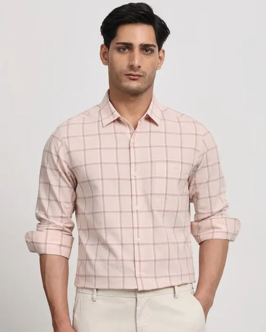 Pastel Pink Cotton Linen Check Slim Fit Casual Shirt