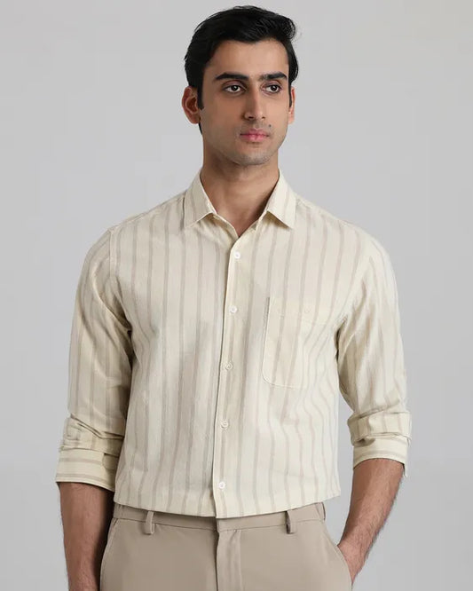 Beige Cotton Linen Stripe Slim Fit Casual Shirt