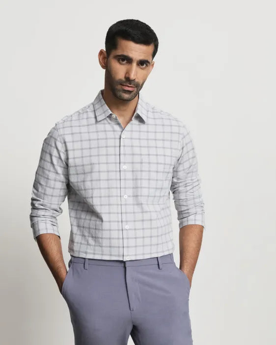 Light Grey Cotton Linen Check Slim Fit Casual Shirt
